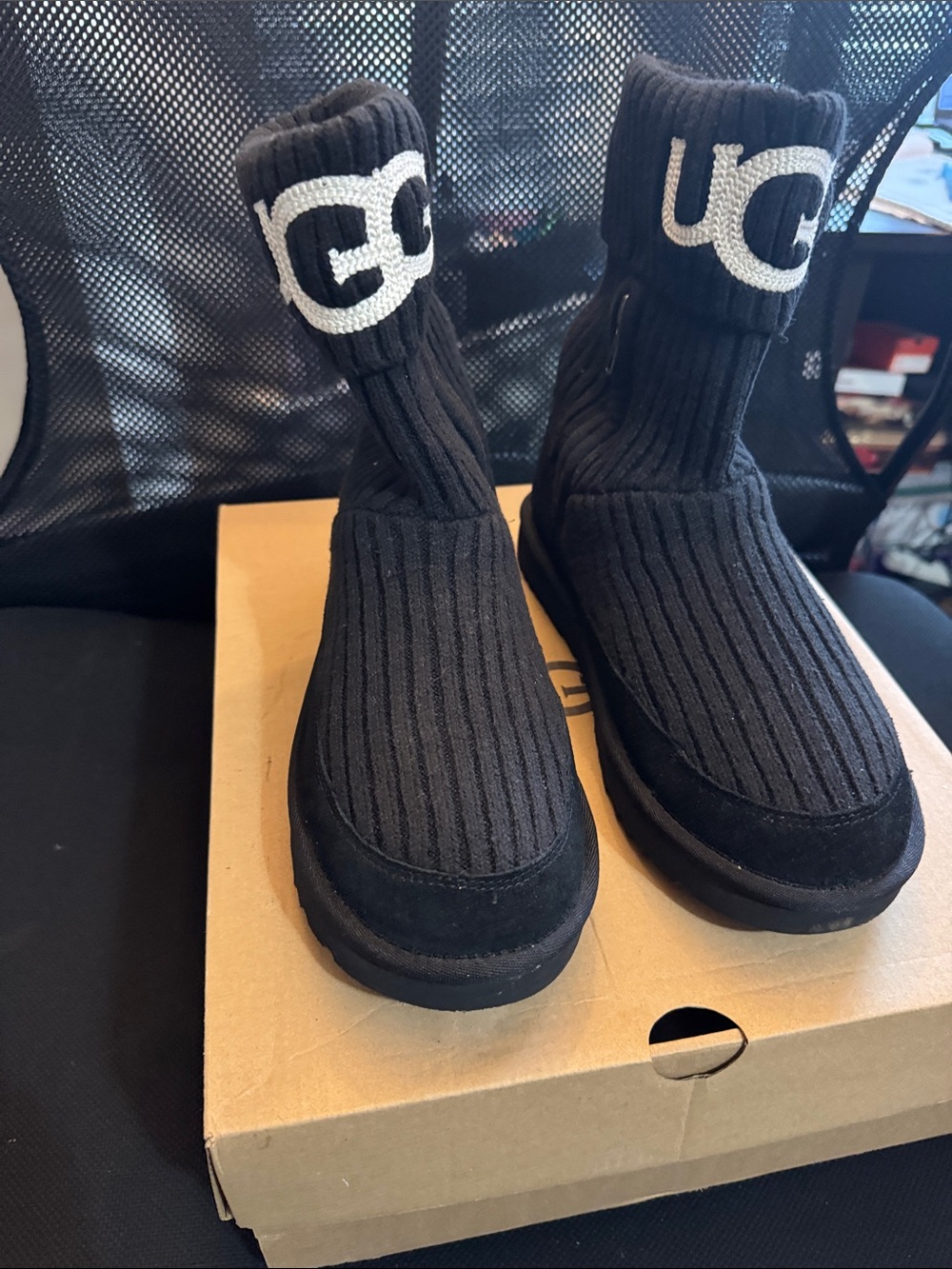 UGG Women’s Black Knit Sock Boot with Logo